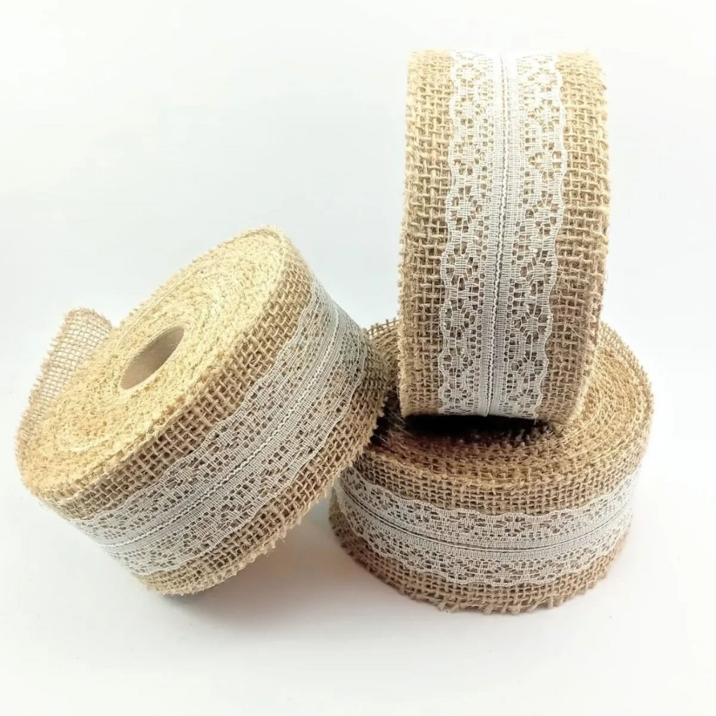 Fita de Juta Natural com Renda 4cm x 2m Artesanato Decoração Casamentos Rústicos Artes