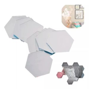 Kit 12 Hexágono Acrílico Adesivo Espelho Parede Prata Mosaico Decoração