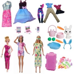 Kit 34 pcs Acessórios Casa de Bonecas Vestidos Pets Roupas
