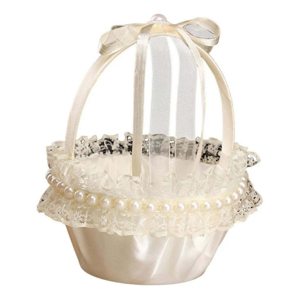 Mini Cesta com Alça Decorada com Pérola Elegante Creme Festa
