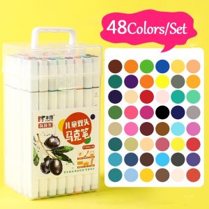 Kit 48 Canetinhas Coloridas Ponta Dupla Fofa + Estojo Fengtu