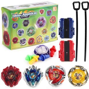 Kit 04 Beyblades + 02 Lançadores + Peças de Reposição Metal