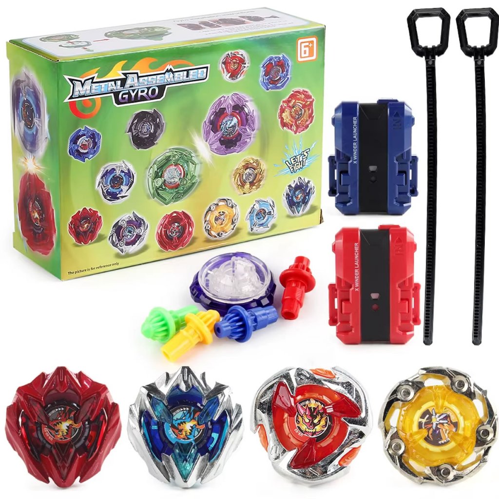 Kit 04 Beyblades + 02 Lançadores + Peças de Reposição Metal