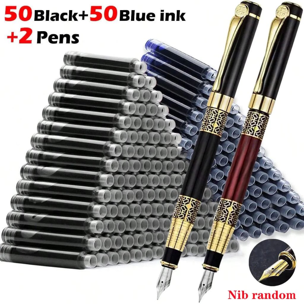 Kit 02 Caneta Tinteiro Metal + 100 pcs Refis Designer Chinês