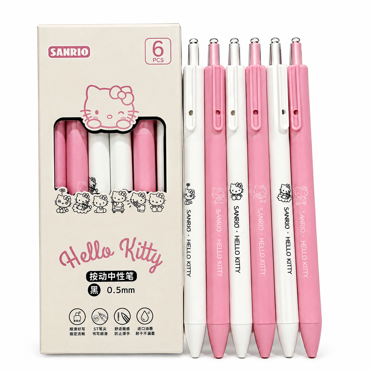 Kit 06 Canetas Gel Tinta Preta Personagens Sanrio Hello Kitty