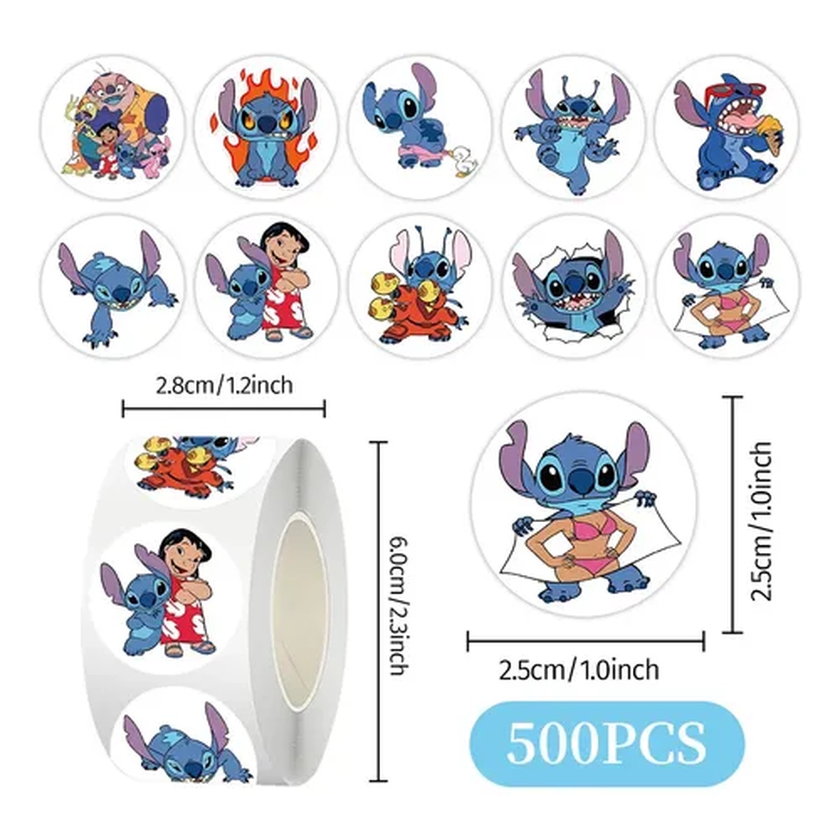 Kit 500 Adesivos Lilo Stitch Personagens Desenho Animado Rolo