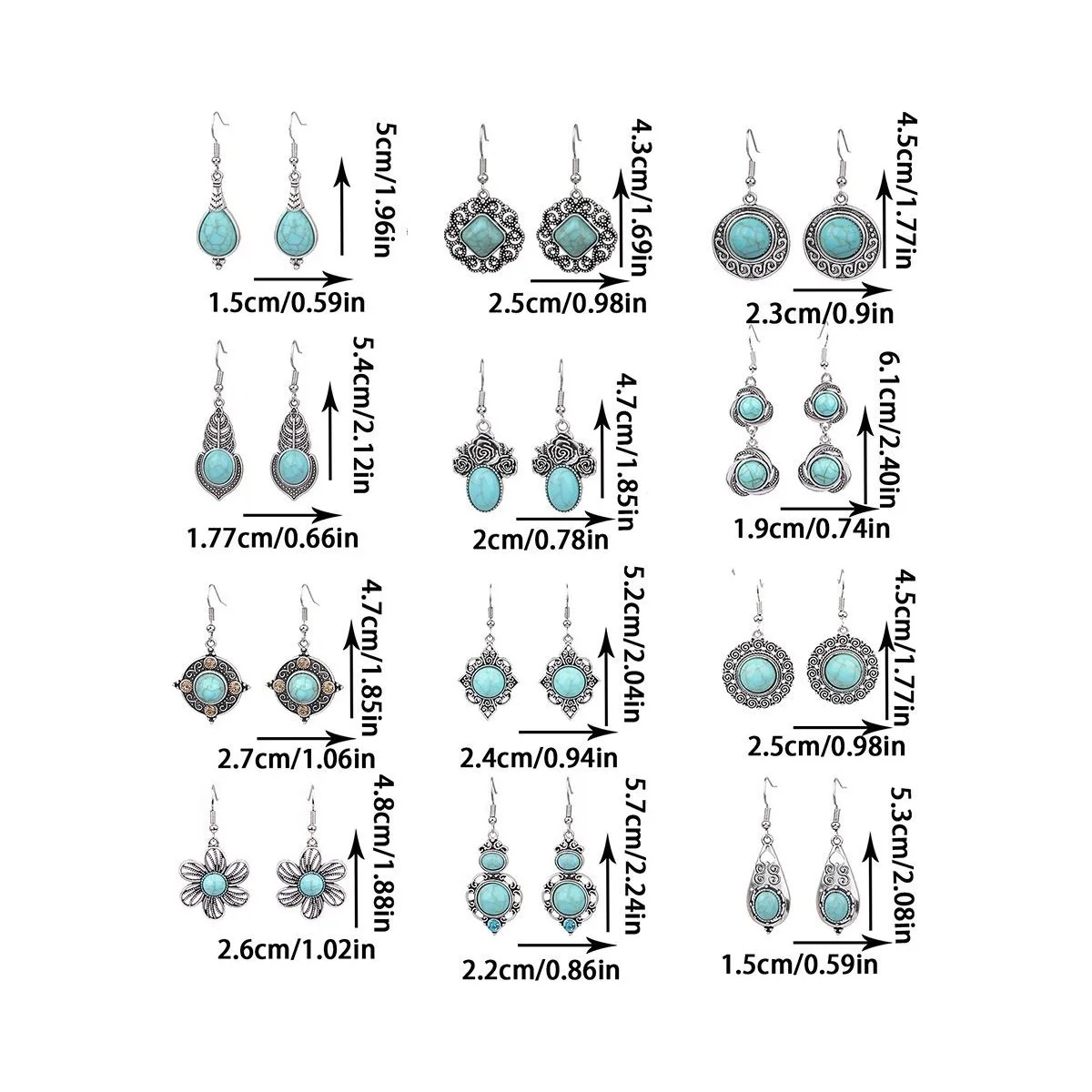 Kit 03 Pares Brincos Pedra Turquesa Prateado Vintage Moda - Imagem 2
